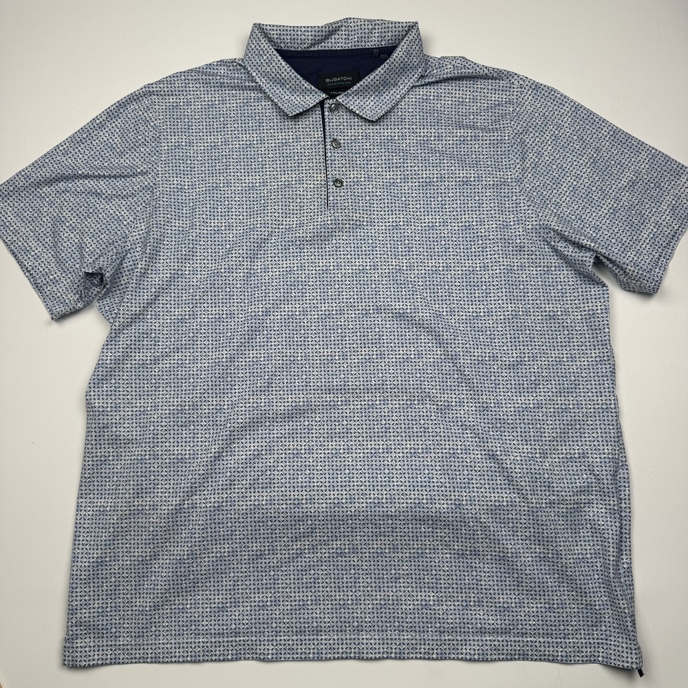 Bugatchi Polo Shirt Mens 2XL Blue Geometric OoohCotton Tech Stretch Knit